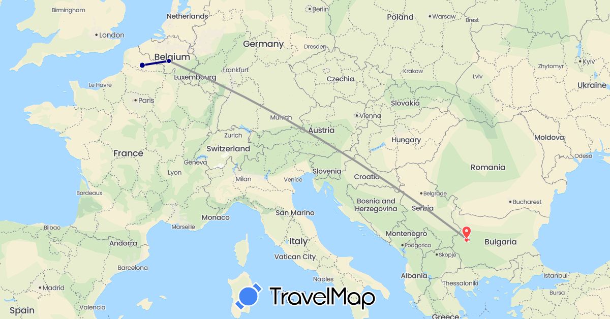 TravelMap itinerary: driving, bus, plane, hiking in Belgium, Bulgaria, France (Europe)